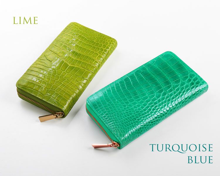 クロコダイル長財布レディースラウンドファスナーシャイニング加工ゴールドファスナー本革