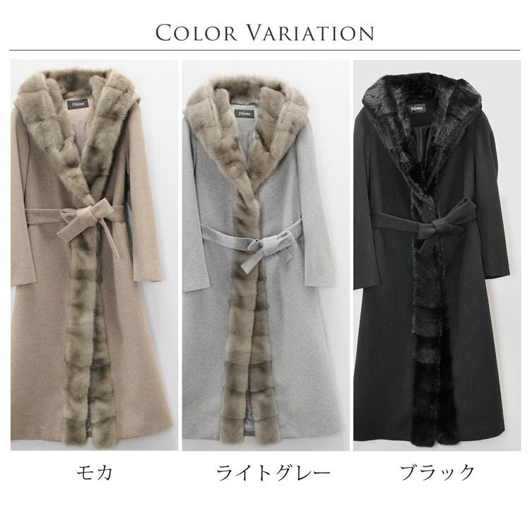 カシミヤ100％ ミンクファー ライトグレー×ホワイト Aラインロングコート M Filomo ミンク トリミング ロング コート カシミヤ ブレンド ウール