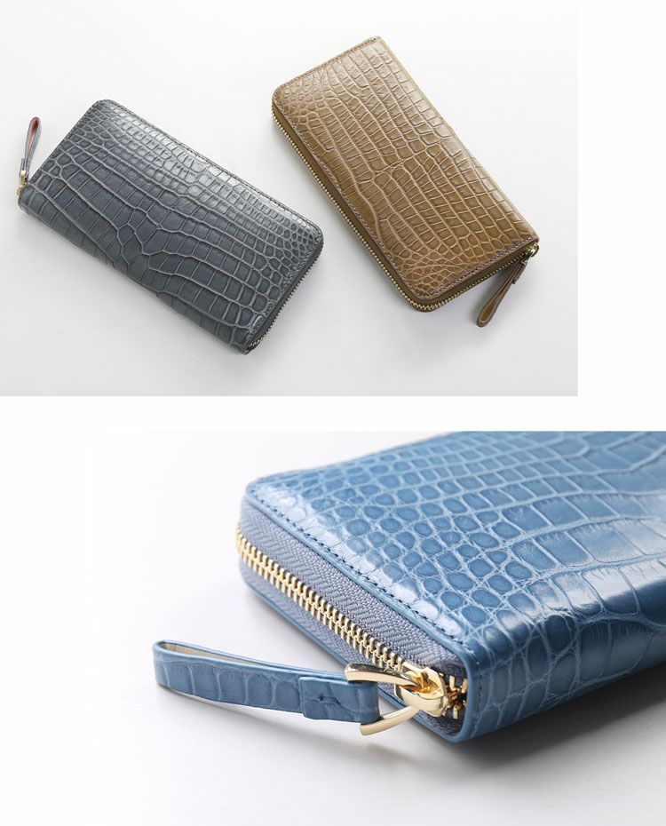 クロコダイル 長財布 レディース マット加工 ラウンドファスナー 一枚