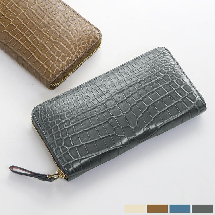 クロコダイル 長財布 メンズ マット加工 ラウンドファスナー 一枚革