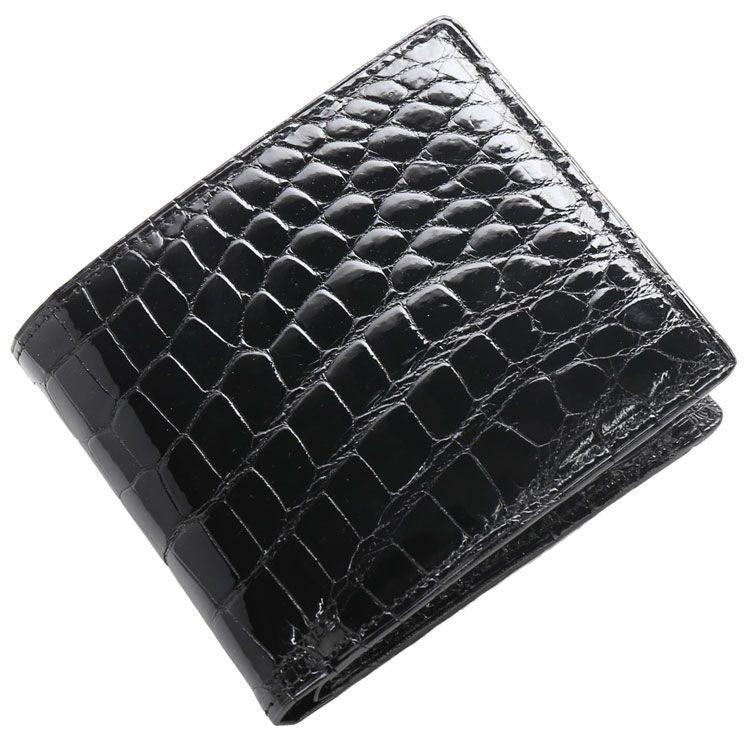 【専用】一枚革 シャイニング加工 ブラック クロコダイル 財布 長財布 本物 クロコダイル 二つ 折り財布 日本製 シャイニング 加工 一枚革
