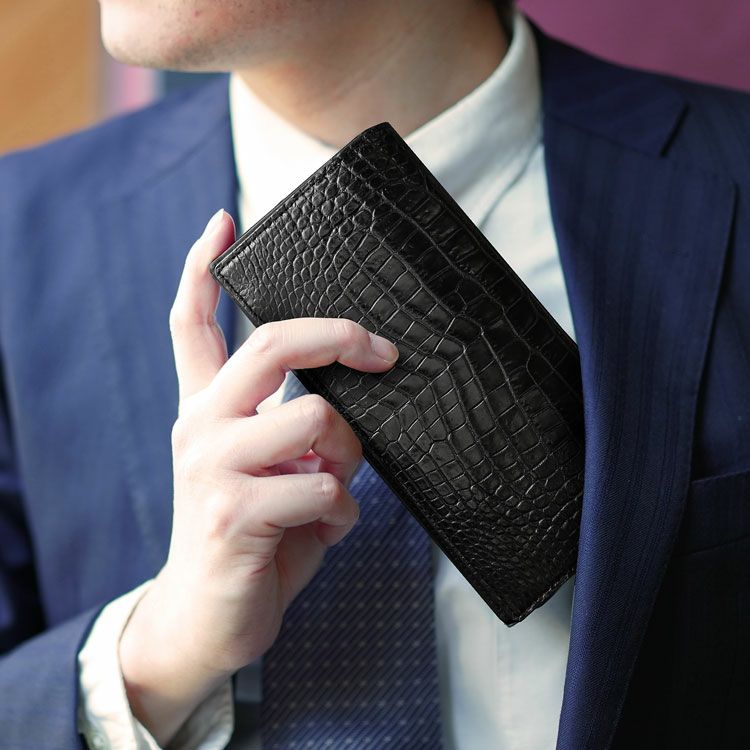 クロコダイル 長財布 センター取り 一枚革 マット 加工 ブラック 内装