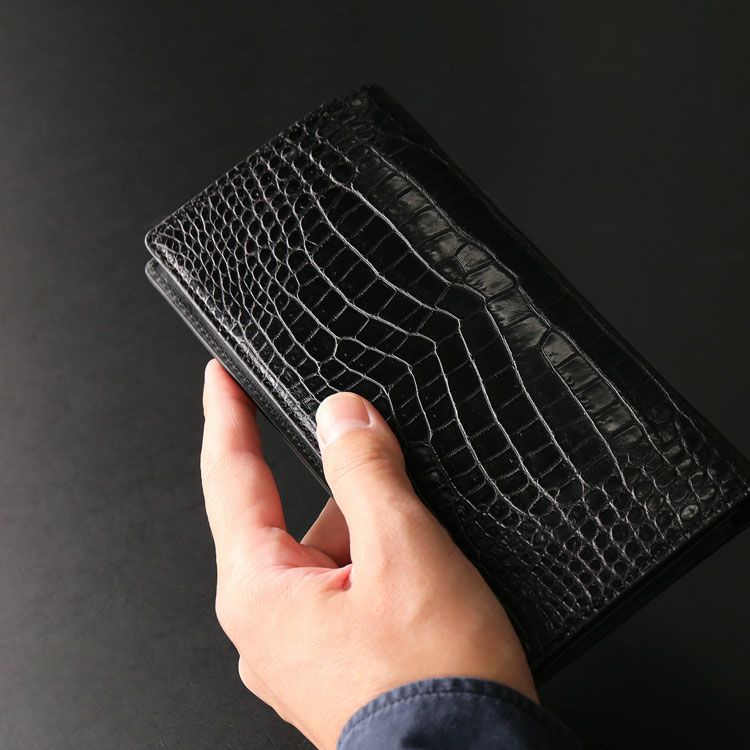 クロコダイル 長財布 センター取り 一枚革 マット 加工 ブラック 内装