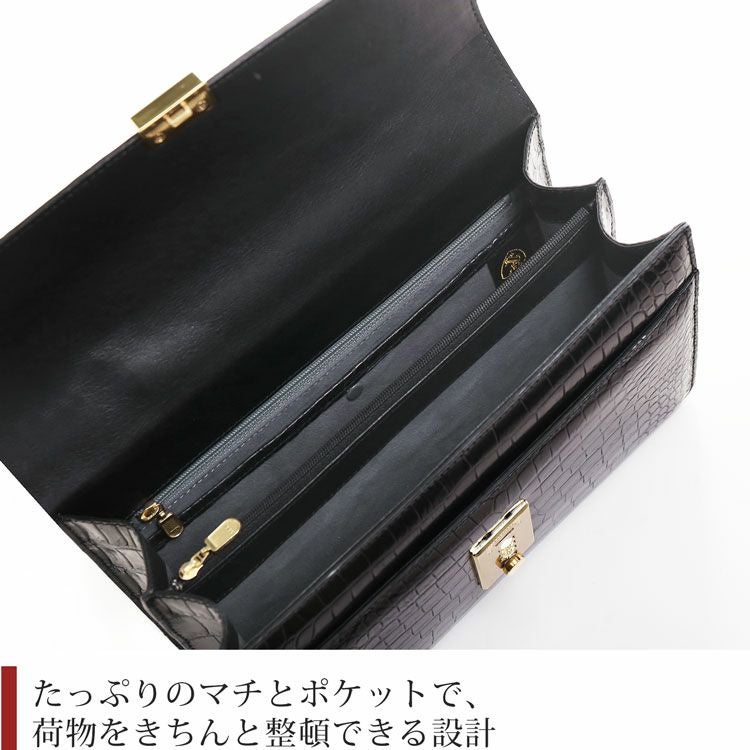 02S センター取り クロコダイル セカンドバッグ メンズ ブラック 鞄 セール クロコダイル セカンドバッグ メンズ センター取り マット 加工 ダブル