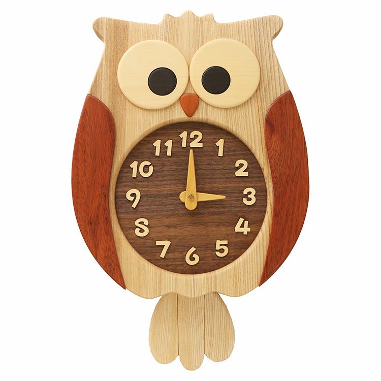 木工芸品　フクロウ型木製掛時計 天然木 ふくろう 壁掛け時計 振り子時計 日本製