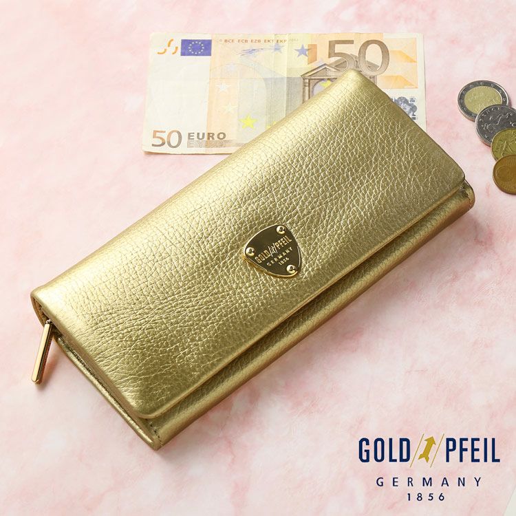 GOLD PFEIL 長財布 レディース 本革 かぶせ 革 ゴールドカラー 牛革