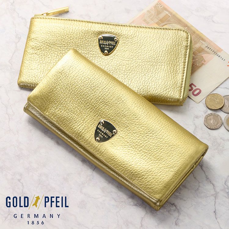 GOLD PFEIL 長財布 レディース 本革 かぶせ 革 ゴールドカラー 牛革