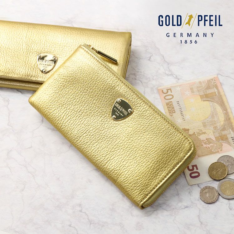 未使用 ゴールドファイル ☆ ウィルヘルム レザー L字 長財布 日本製 焦げ茶 GOLD PFEIL 長財布 レディース 本革 L字ファスナー 革 ゴールドカラー