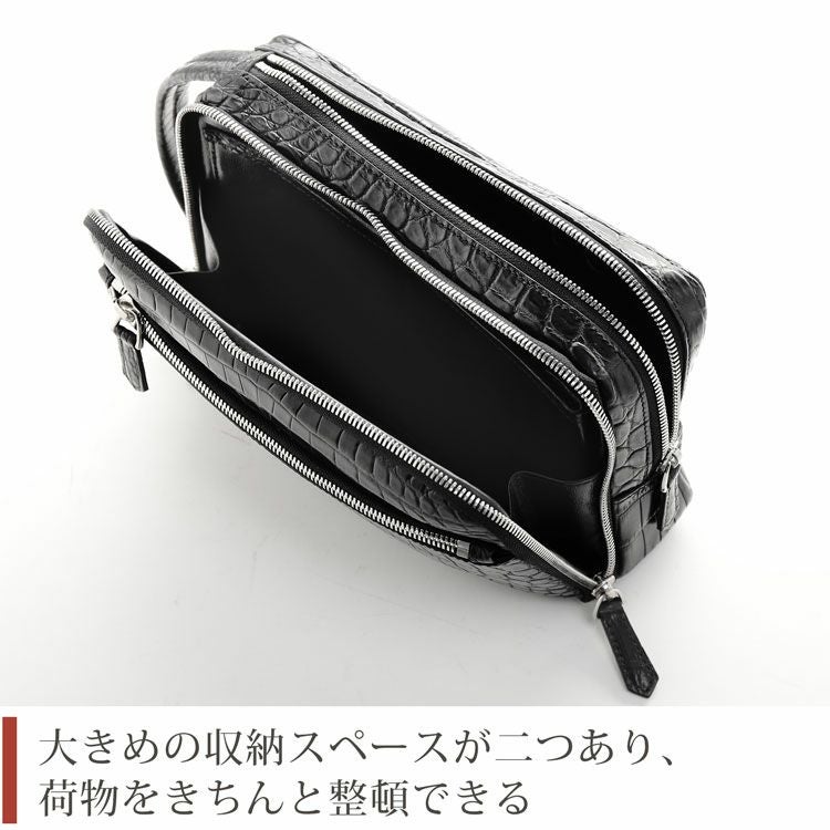クロコダイル セカンドバッグ メンズ センター取り マット 加工 ダブル