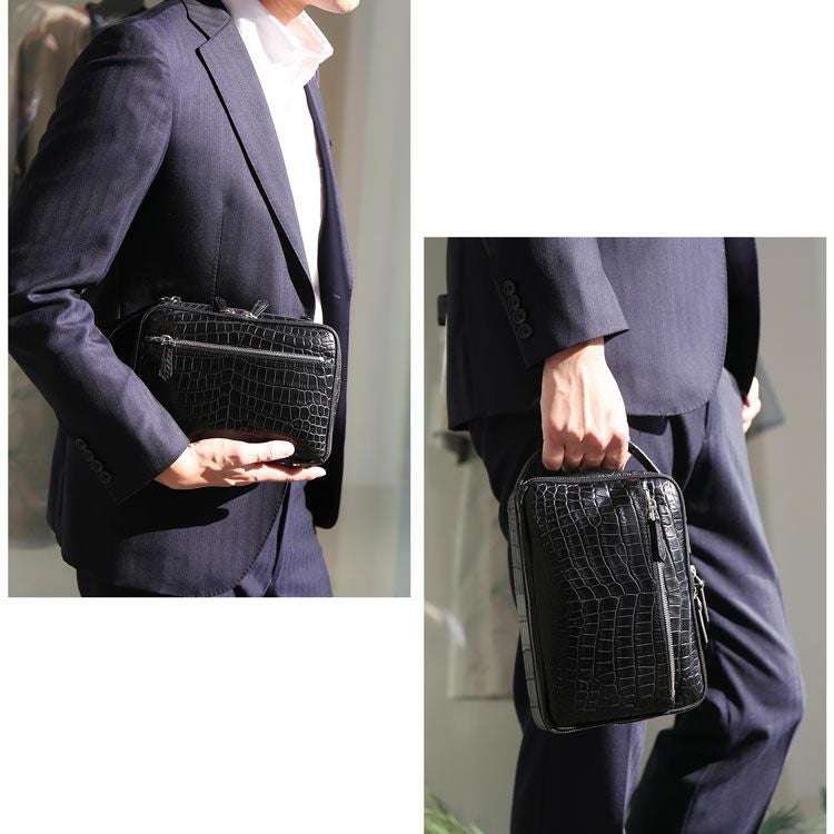 クロコダイル セカンドバッグ メンズ センター取り マット 加工 ダブル