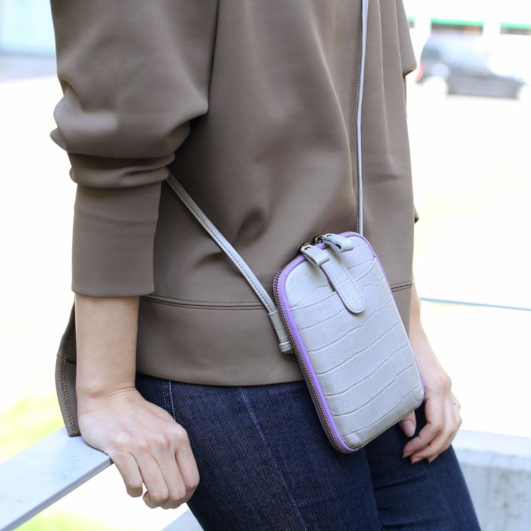 クロコダイル型押し 牛革 お財布バッグ ミニ ショルダーバッグ 日本製 5F