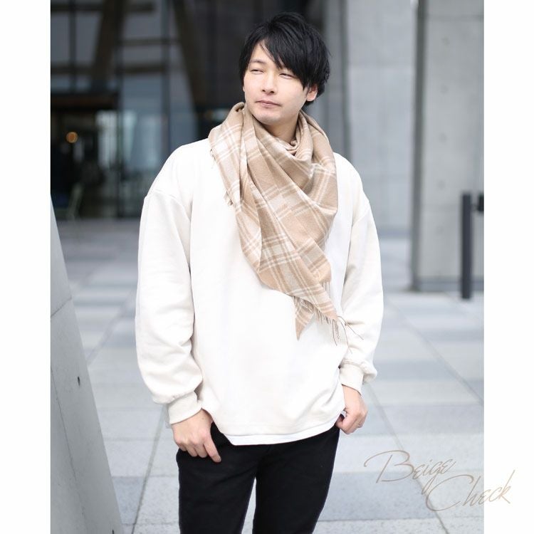 カシミヤ100% 三角 ストール メンズ チェック柄 無地 7F (02000300