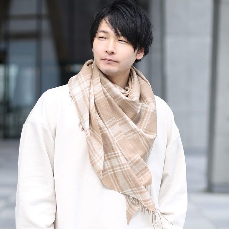カシミヤ100% 三角 ストール メンズ チェック柄 無地 7F (02000300