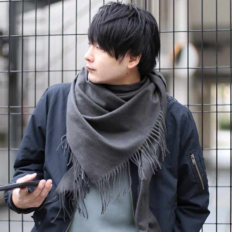 カシミヤ100% 三角 ストール メンズ チェック柄 無地 7F (02000300