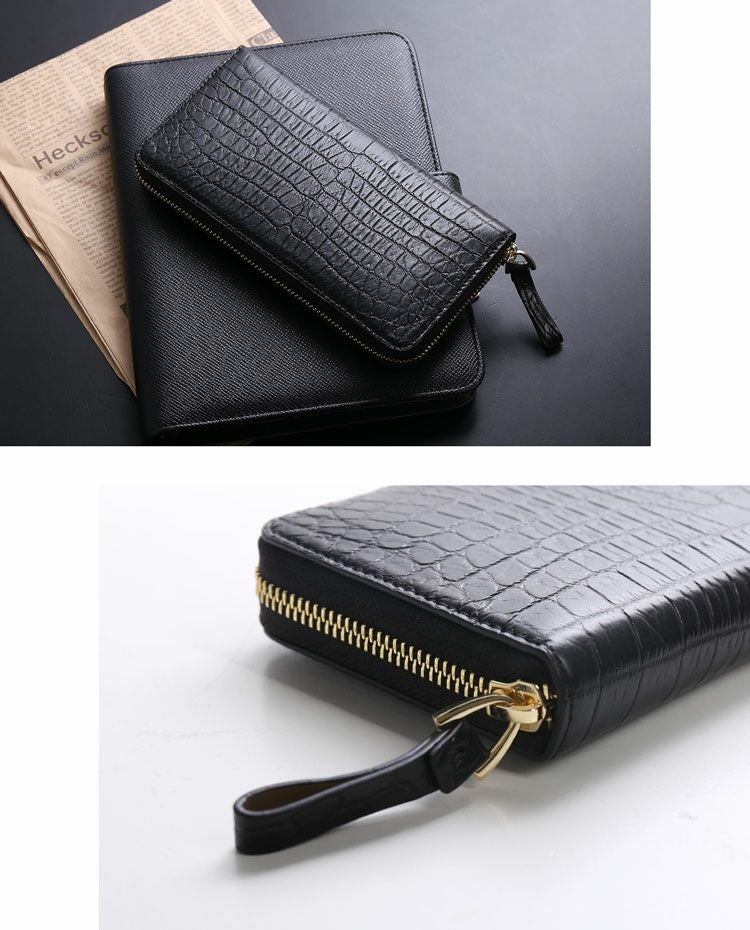 【美品】クロコダイル 長財布 マッドブラック 本革 ラウンドファスナー 高級 クロコダイル 長財布 レディース マット加工 ラウンドファスナー 一枚