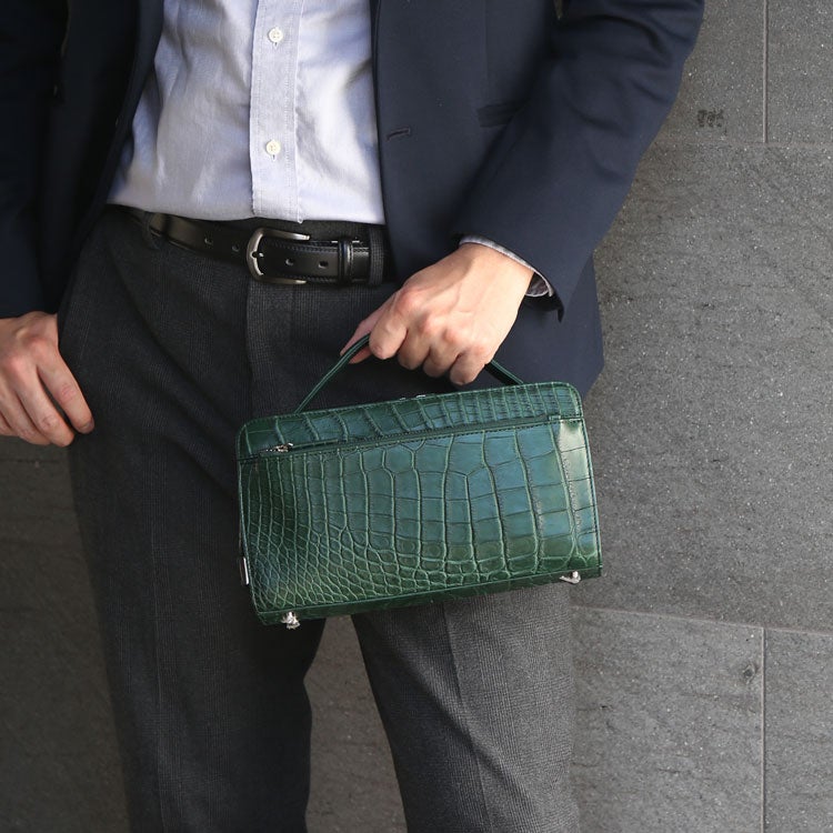 クロコダイルバッグメンズセカンドバッグダブルファスナークラッチバッグ