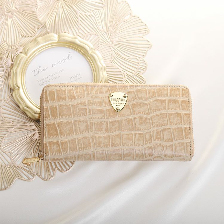 未使用　GOLD ゴールド　財布　ラウンドファスナー　牛革クロコ型押し　ボルドー 牛皮 ココセリュックスゴールド 長財布 クロコ型押し 財布 ボルドー