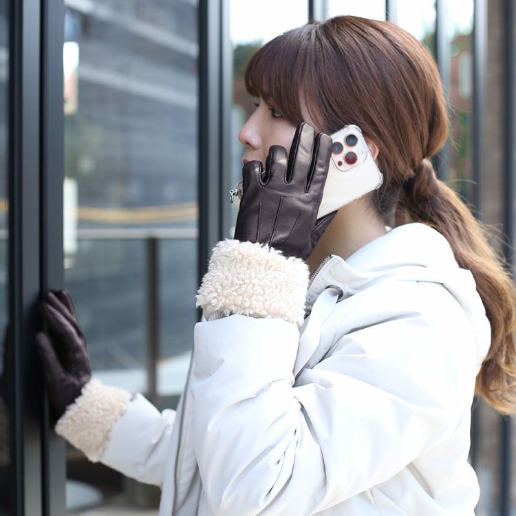 ラムレザー ボア エコファー トリミング 手袋 レディース スマホ対応