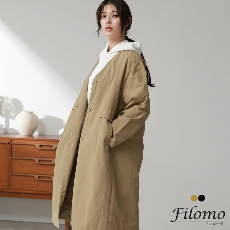 Filomo ノーカラーコート レディース ロング Vネック 撥水 ライト
