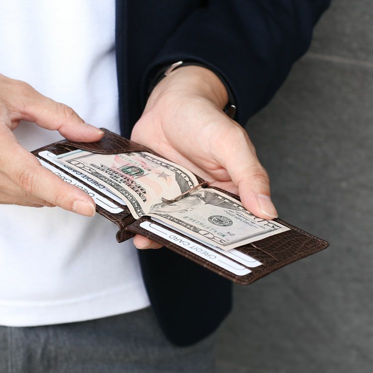クロコダイル マネークリップ 財布 一枚革 センター取り マット 4FA