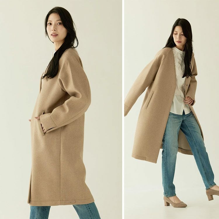 ノーカラーコート尾州ウールウールコートマフラーストール