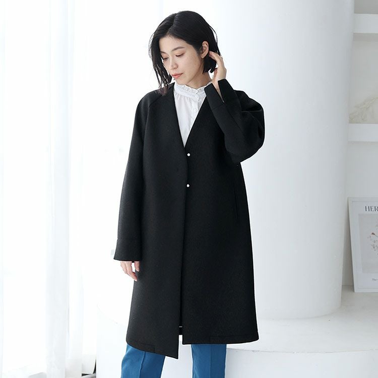 ノーカラーコート レディース ウールコート 尾州ウール 軽量 ギフト