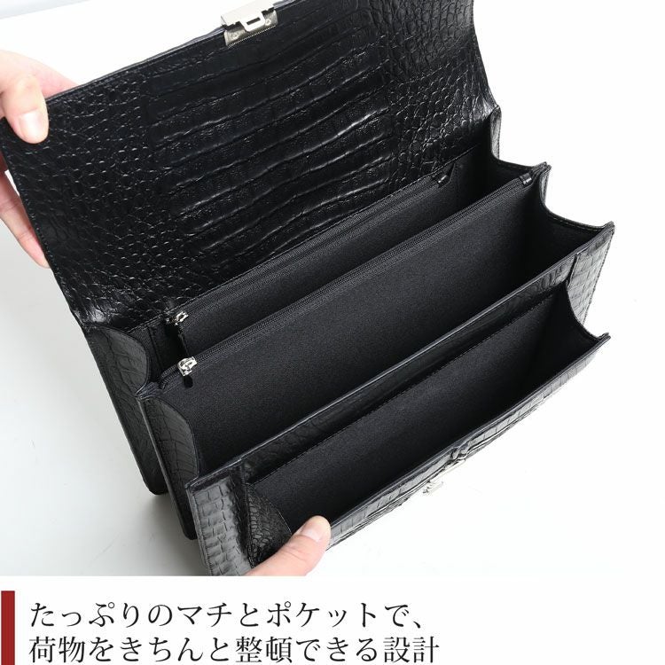 カイマン 牛革 型押し 鍵付き メンズ ビジネス ハンドバッグ ダイヤル