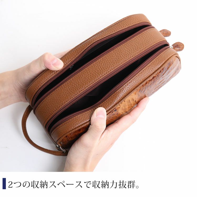 カイマン 牛革 ダブルファスナー セカンド バッグ メンズ クラッチ 革
