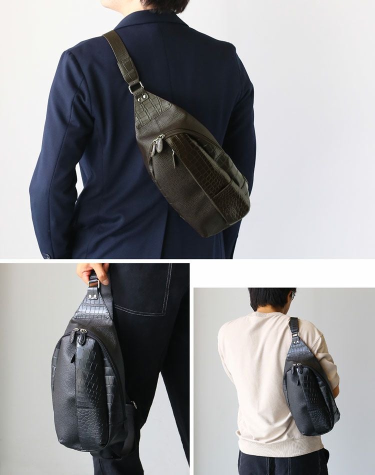 クロコダイルボディバッグマット加工牛革型押しユニセックスショルダーバッグ肩掛けレディースワニ革本革お出掛け母女性ギフトプレゼント4FA(06001832r)