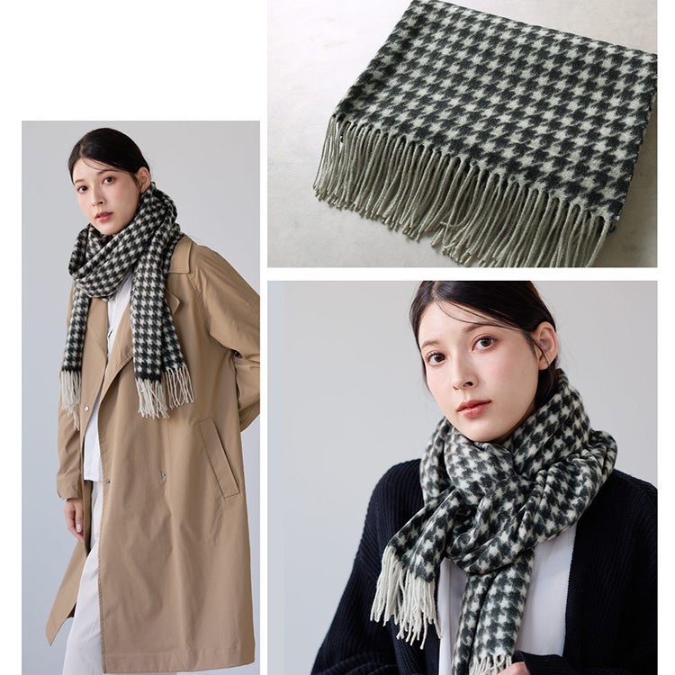 カシミヤ100%ストールマフラーレディースハウンドトゥース格子柄大判厚手無地【184cm×60cm】(02000334r)