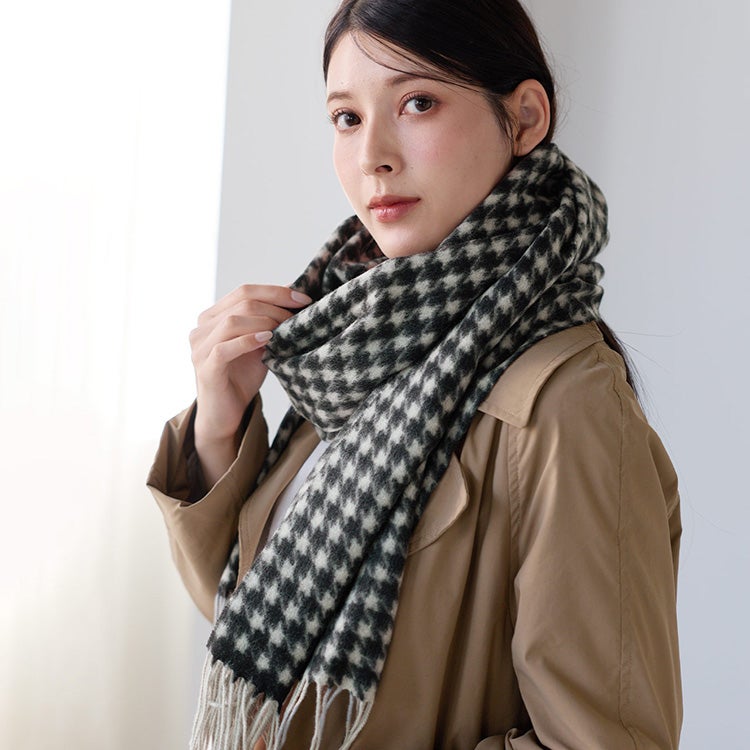 カシミヤ100%ストールマフラーレディースハウンドトゥース格子柄大判厚手無地【184cm×60cm】(02000334r)