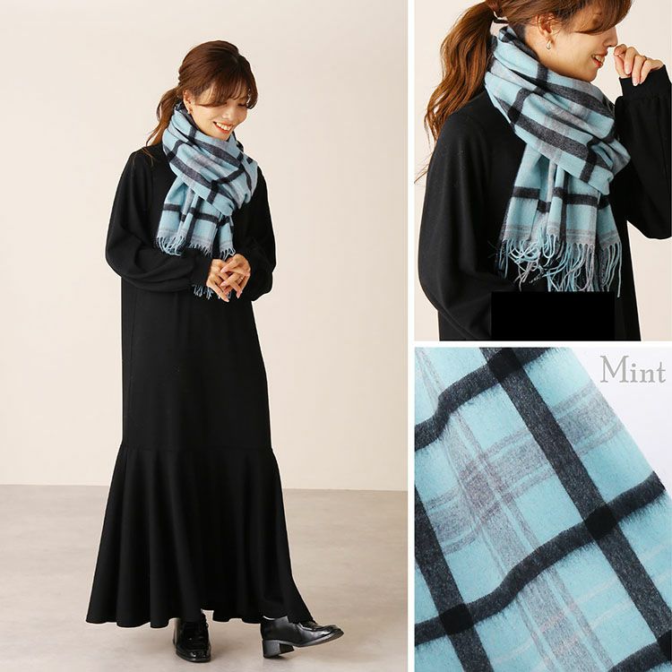 大幅値下70㎝×200超大判100%カシミヤストールマフラー新品ブラックチェック MARUYAMA 100%カシミヤストール ストール大判 超大判ストール70cm