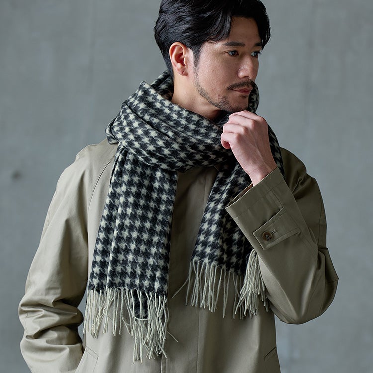 カシミヤ100%ストールマフラーレディースハウンドトゥース格子柄大判厚手無地【184cm×60cm】(02000334r)