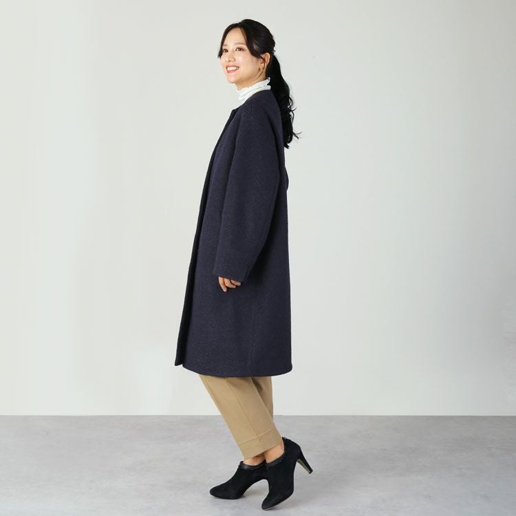 Filomo 起毛 ウールタッチ ノーカラー ロングコート 手洗い可能