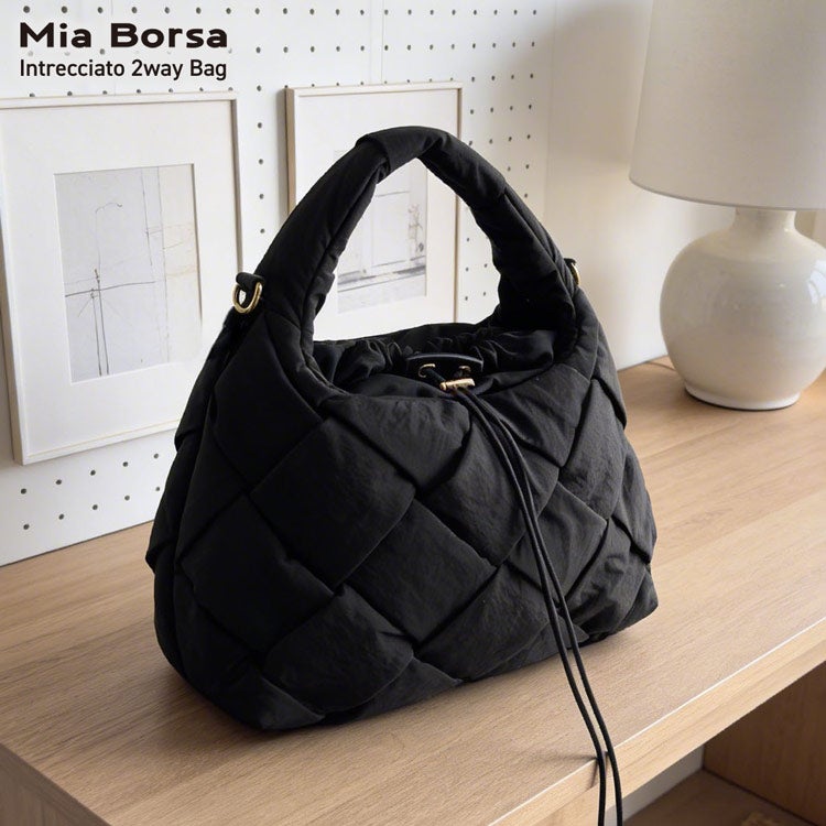 MiaBorsaナイロンメッシュバッグイントレチャート2WAY軽量軽い編み込みブラック7F(07000643r)