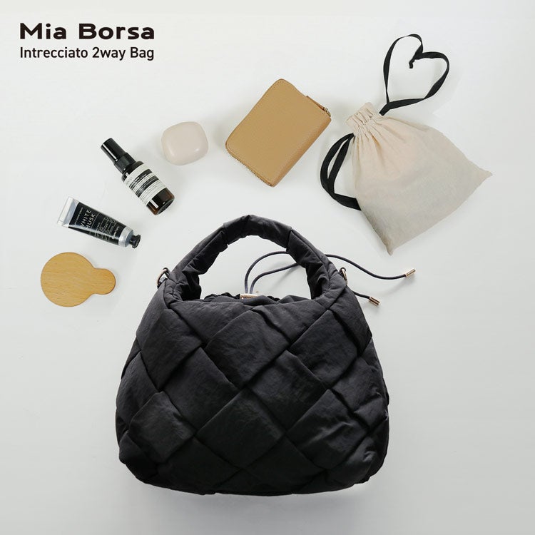 MiaBorsaナイロンメッシュバッグイントレチャート2WAY軽量軽い編み込みブラック7F(07000643r)