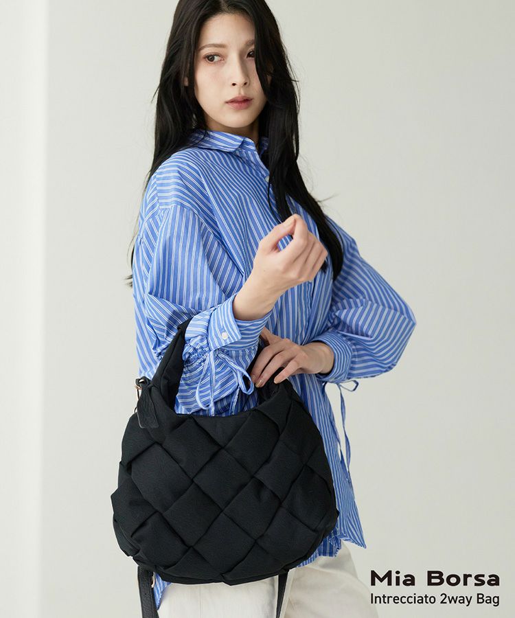 MiaBorsaナイロンメッシュバッグイントレチャート2WAY軽量軽い編み込みブラック7F(07000643r)