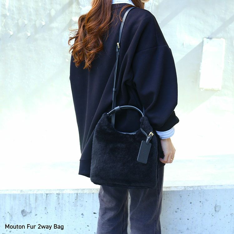 ムートン ファー バッグ 2WAY ハンドバッグ 本革 羊革 ネイビー 7F