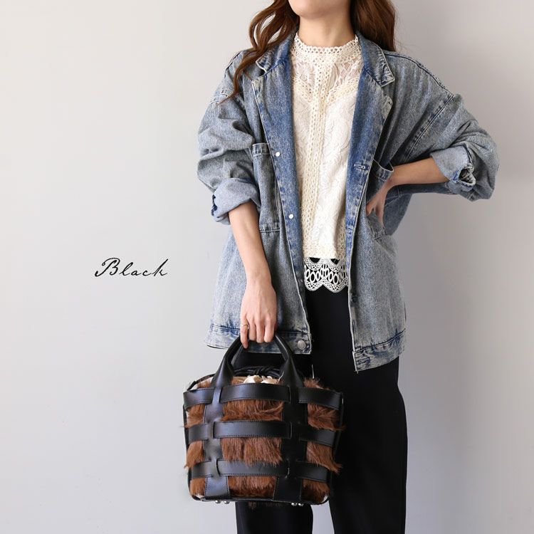 ハンドバッグ2wayかごバッグ牛床革スプリットレザー2wayバッグブラック