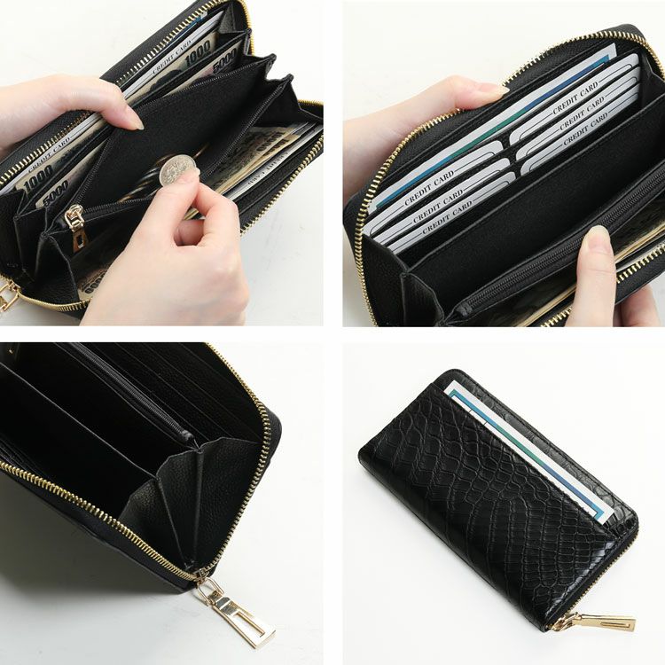 【未使用品】マットクロコダイル 長財布 ブラック ラウンドファスナー 本革 ナイル クロコダイル 長財布 レディース マット加工 ラウンド