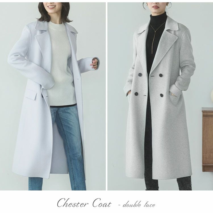 チェスターコートダブルフェイスレディースロングアウター秋冬ウールロングコート