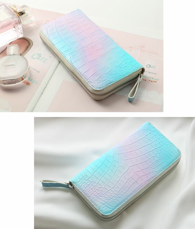 クロコダイルパステルカラーグラデーションデザインラウンドファスナー長財布マット