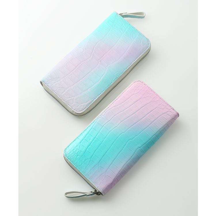 クロコダイルパステルカラーグラデーションデザインラウンドファスナー長財布マット