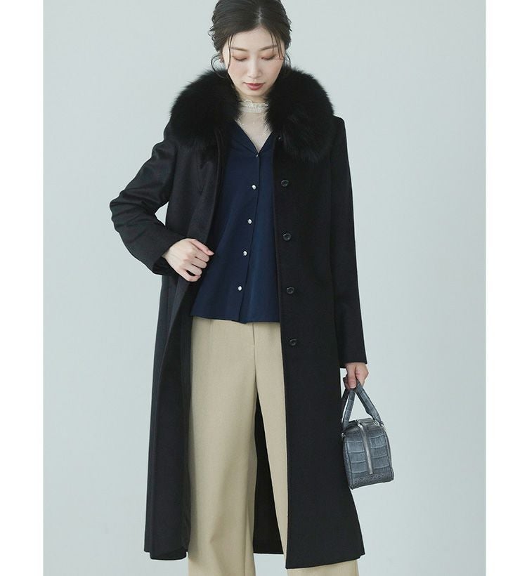 カシミヤ100％ロングコートフォックスファートリミング