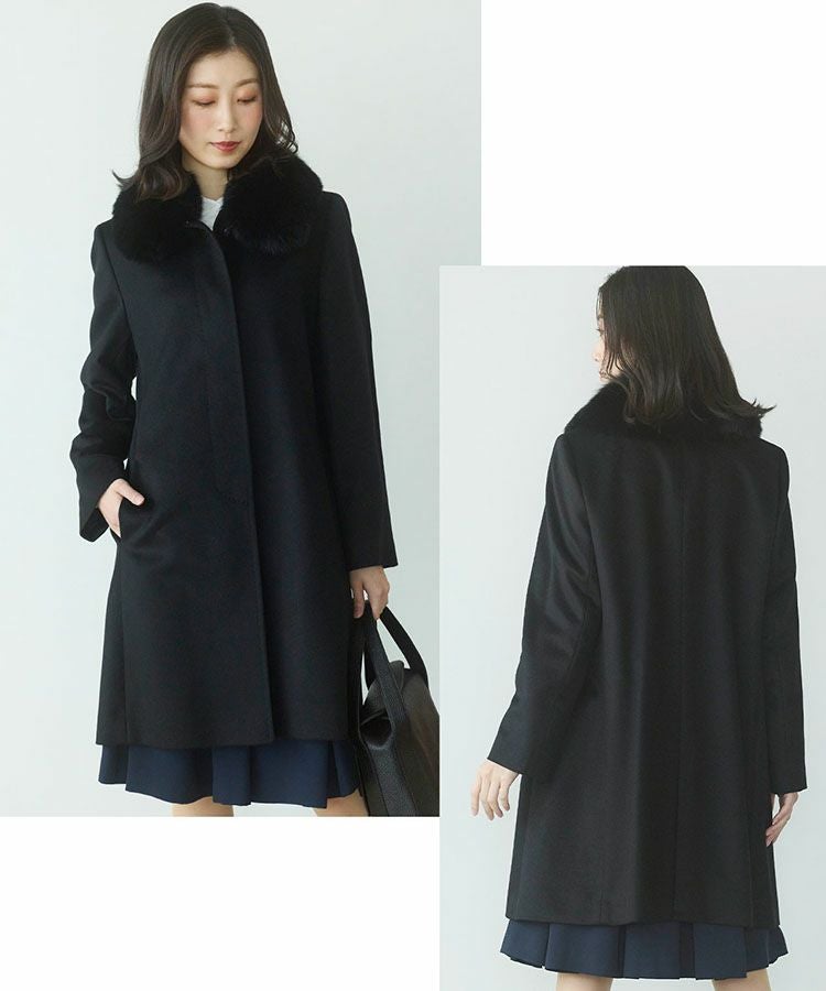 カシミヤ 100% コート レディース ファー 襟付き 比翼仕立て ミドル丈