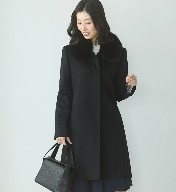 カシミヤ 100% コート レディース ファー 襟付き 比翼仕立て ミドル丈