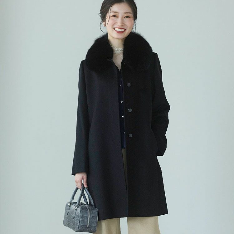 カシミヤ 100% コート レディース ファー 襟付き 比翼仕立て ミドル丈