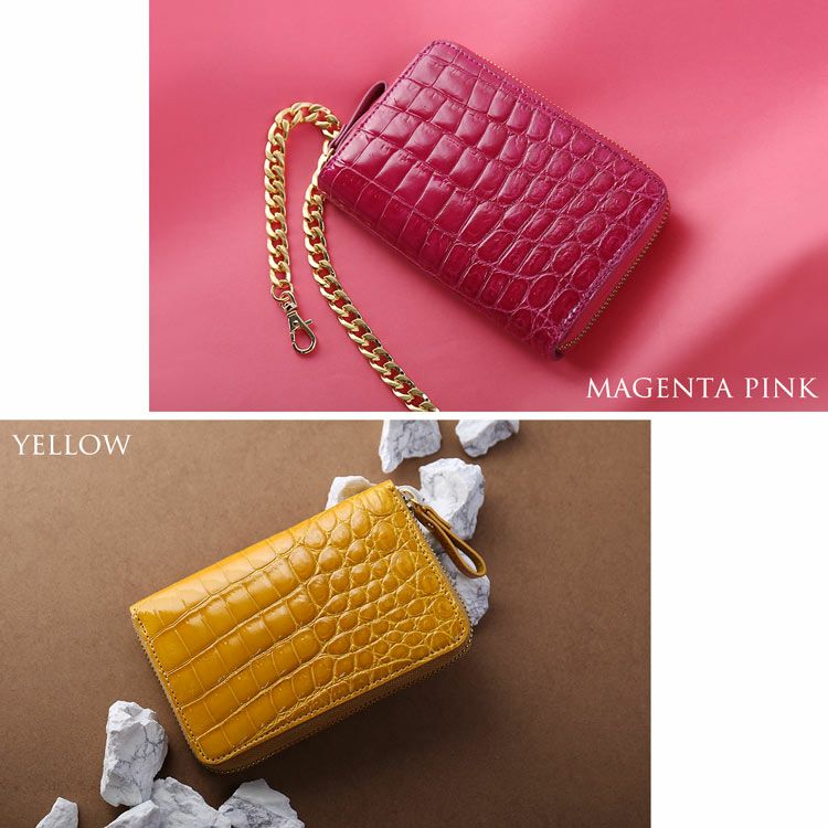 シャイニングクロコダイル財布マゼンタピンクイエロー