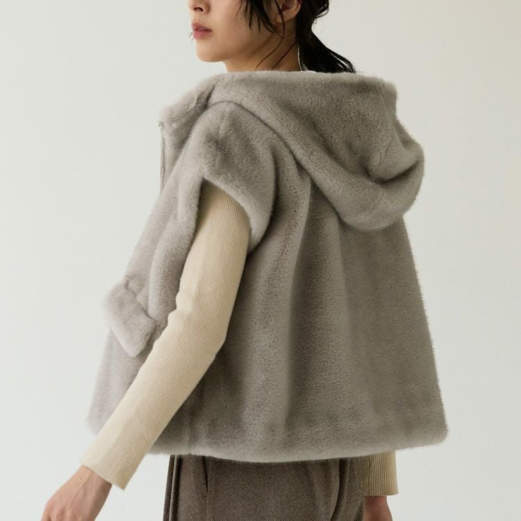 フェイクファーベストミンク調フード付きレディース全3色