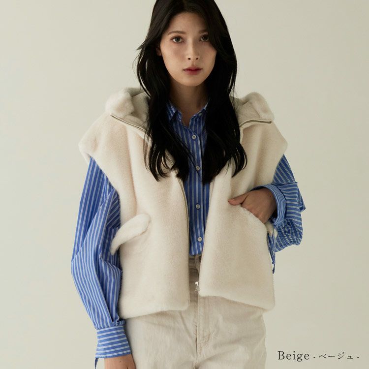 Filomo ミンク調 フェイクファー ベスト フード付き レディース